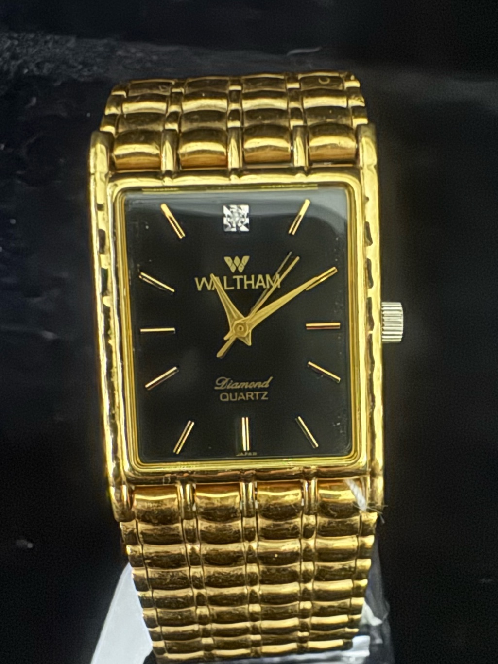 Waltham GoldTone Black Dial Diamond Accent Quartz Watch